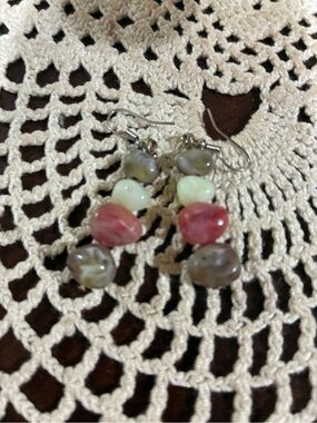 Handmade Green, Pink and Brown Beaded Drop Earrings